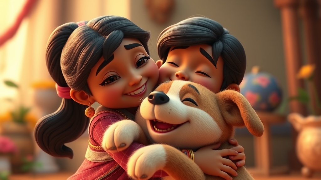 Nandini hugging dog, realizing the value of true friendship, with a warm and happy expression., cinematic, 3d render, vibrant