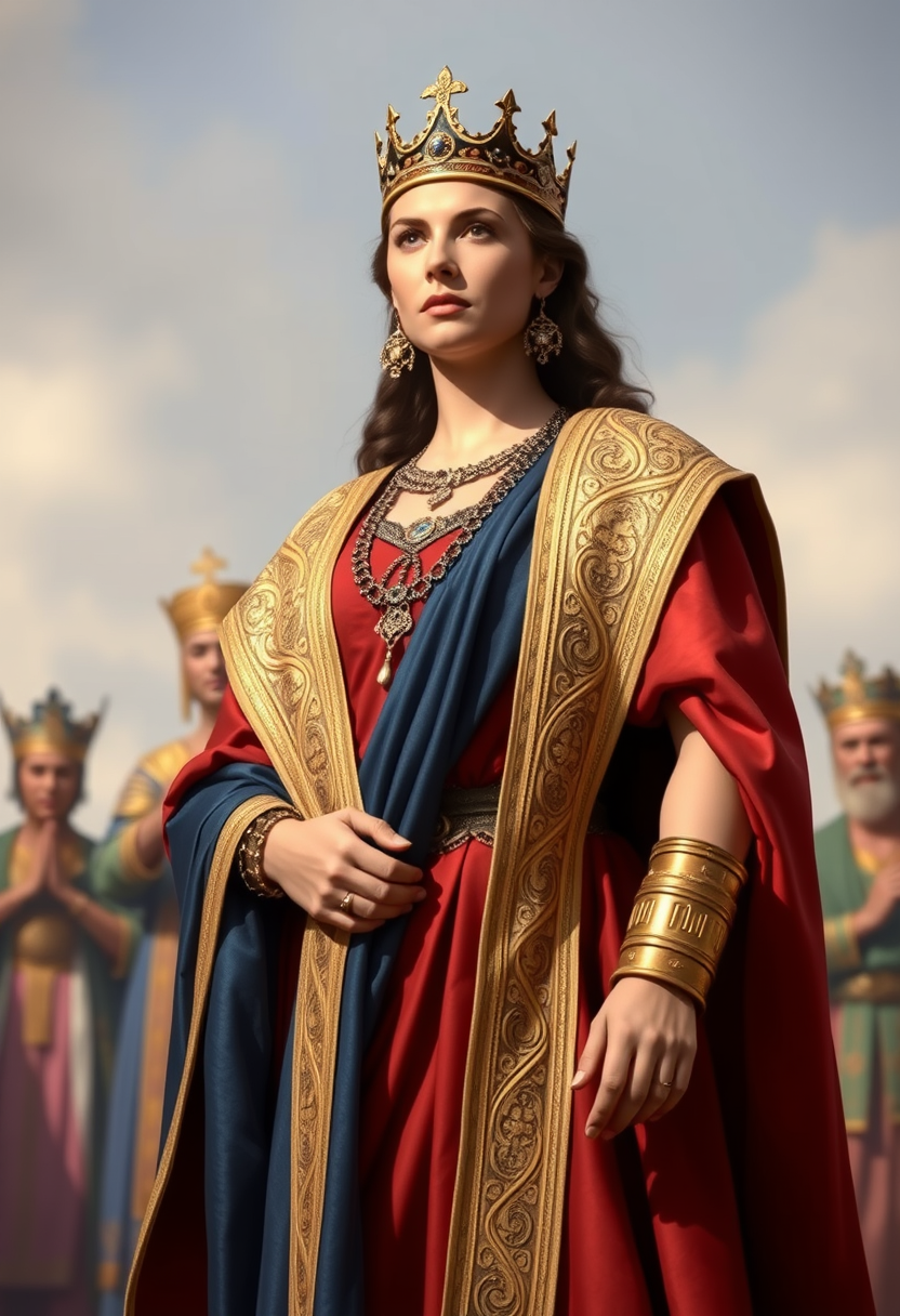 Create a regal image of Queen Esther, dressed in royal attire, standing before the king with determination. - Image