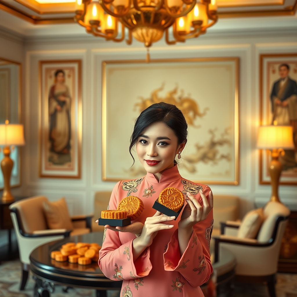 In a luxurious presidential suite, a Chinese model elegantly showcases mooncakes, the traditional delicacies, against a backdrop of opulence, her poised demeanor and the rich cultural heritage of the pastries perfectly captured for a promotional campaign that entices buyers with a blend of modern allure and ancient charm.