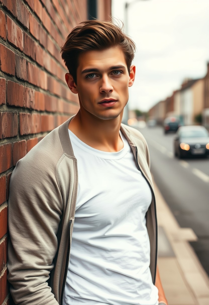 Jamie Dornan head and body shot, handsome, young, serious face, dark brown hair, white T-shirt, college jacket, skinny jeans, sneakers, standing in a hot style, biting lips near town road, leaning against a wall, hyper-realistic, street photography, brick wall, full body photo.