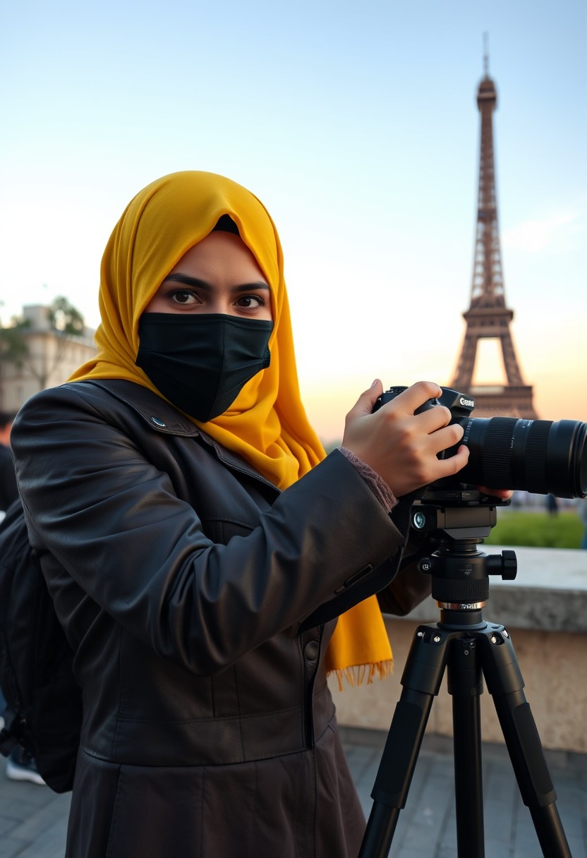 Biggest hijab yellow Muslim girl, beautiful eyes, face mask black, army leather jacket, biggest skirt, camera dslr canon, tripod, taking photos of Eiffel Tower, sunrise, morning scenery, hyper realistic, street photography.