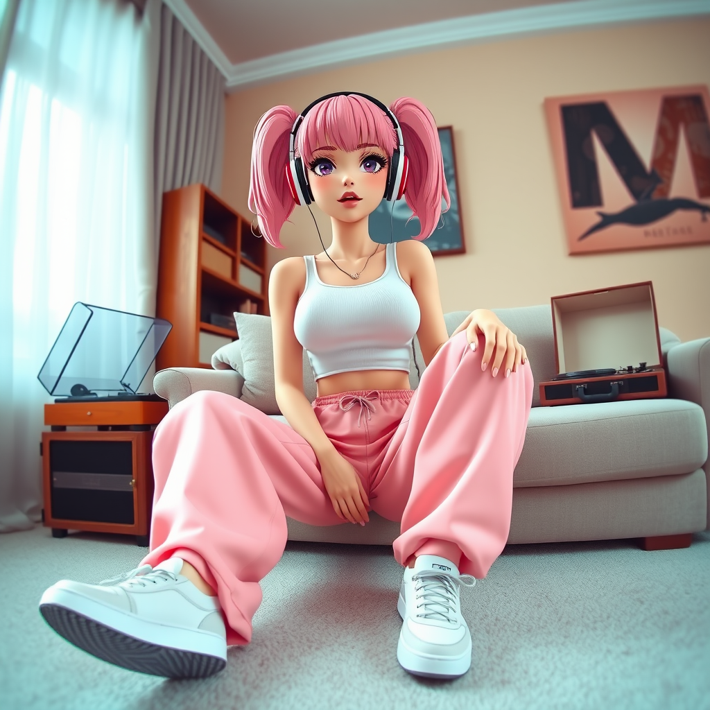 An adult female influencer with a full figure, pink hair, pigtails, two arms and two legs, wearing retro headphones, a white sleeveless crop top, oversized baggy pink tracksuit pants, and sneakers, sitting on a couch in a living room listening to music being played on an old-style record player. Realistic 3D Anime Style, highly detailed, wide-angle lens.