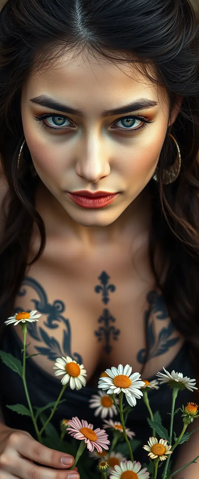 Close-up view of a white-skinned Indian Korean woman with beautiful facial features and blue eyes, tattooed on her chest, picking flowers from the ground while staring at the camera. - Image