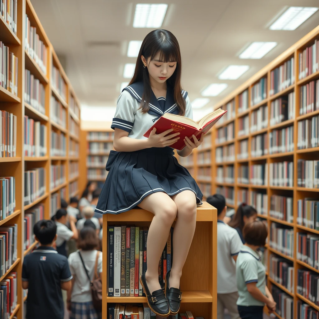 Real person photography, in the library, there is a Japanese female student wearing a school uniform skirt (with white skin) who is sitting on top of the bookshelf and reading a book. There are many people in the library.