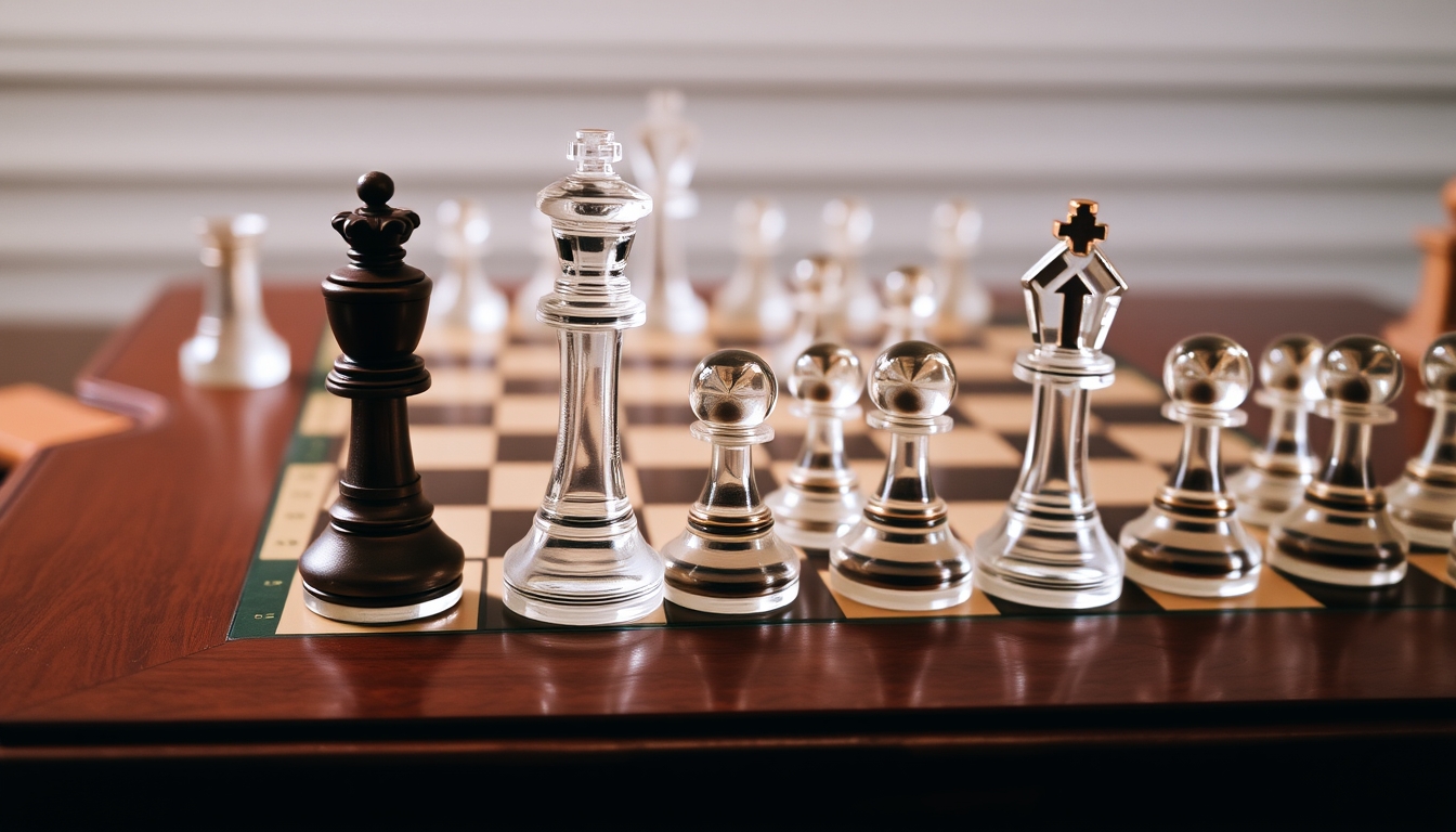 An elegant glass chess set on a polished wooden table, pieces mid-game. - Image