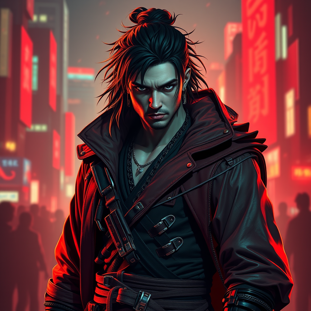 Cyber Samurai style of male warrior with rugged black hair and cybernetic implants | merging leather garments with futuristic cyberpunk elements | flowing robes and high-tech armor plating | dystopian cityscape background | in deep red and neon green. - Image