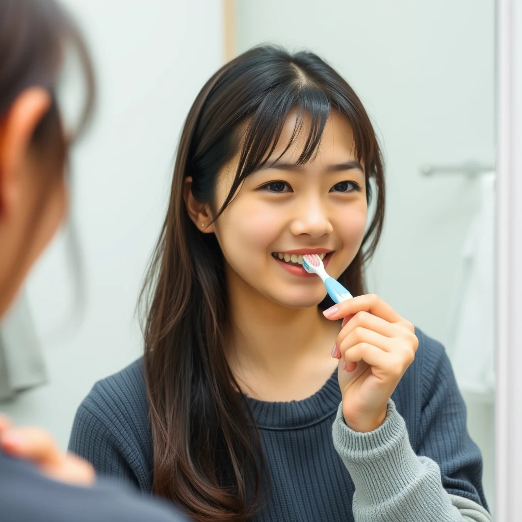 A young woman is brushing her teeth while looking in the mirror. Note that she is Japanese. - Image