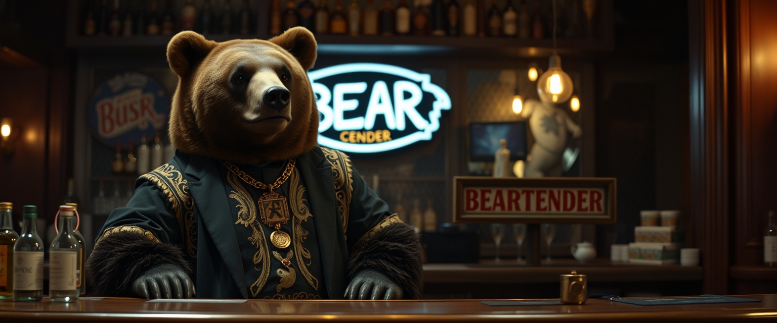 Movie still, a bear in a fancy shirt bartending, on a bar a sign "BEARTENDER" is standing.