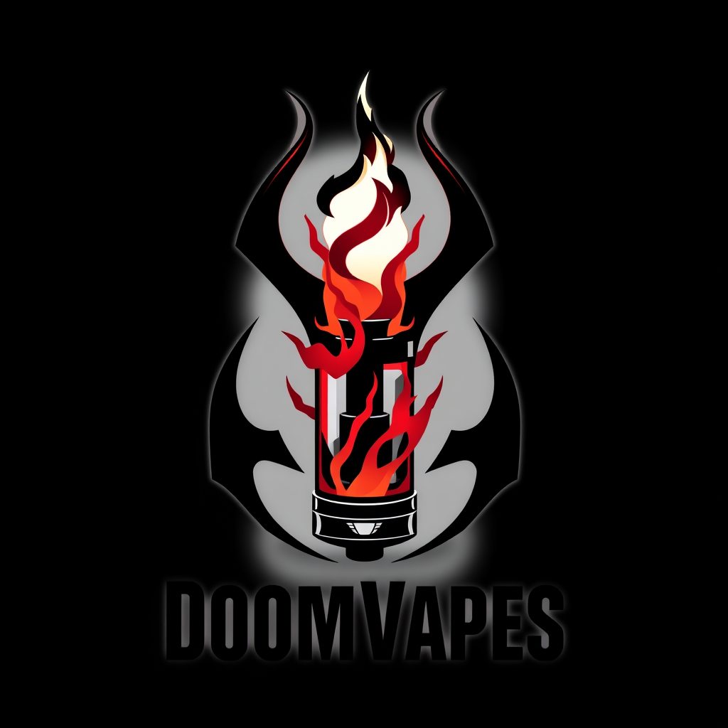 Sleek, logo design for DoomVapes featuring a stylized vape tank engulfed in ethereal, crimson flames. Blend with modern simplicity. Geometric shapes evoke demonic symbolism. Bold, sans-serif typography in obsidian black. - Image