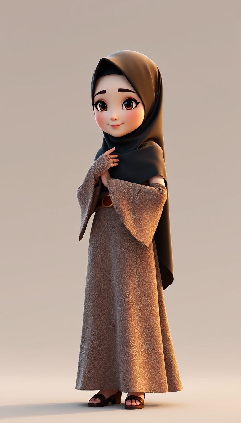 Create a 3D, 8K animated cartoon of a Muslim woman from Palembang wearing a long traditional songket dress. She should have her hands covered with batik gloves. The image should capture the elegance and cultural richness of the attire. - Image