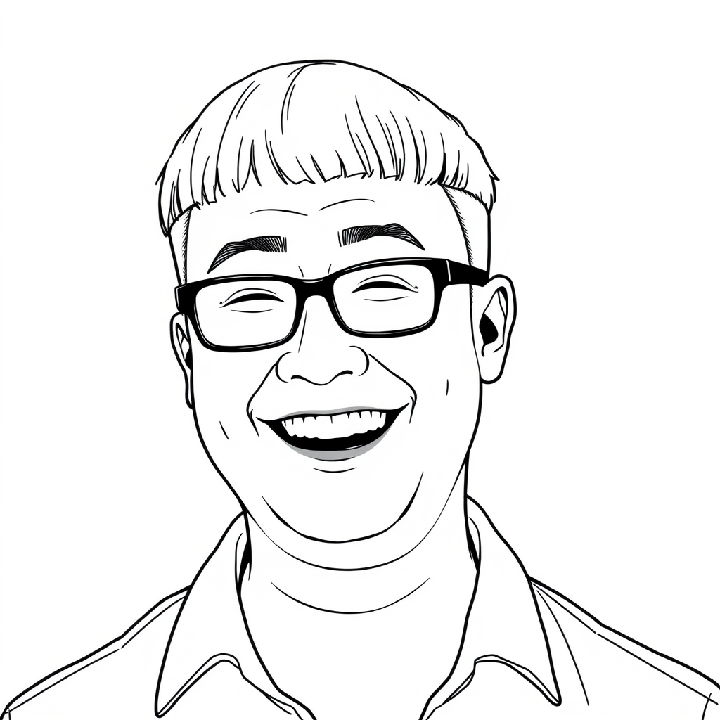 A cool black and white line drawing of a man around 35 years old, with short flat hair, Asian descent, wearing black, thin-framed glasses, a slightly short beard on his chin, a shirt, a round face, clean and fresh skin, slightly overweight, laughing heartily. - Image