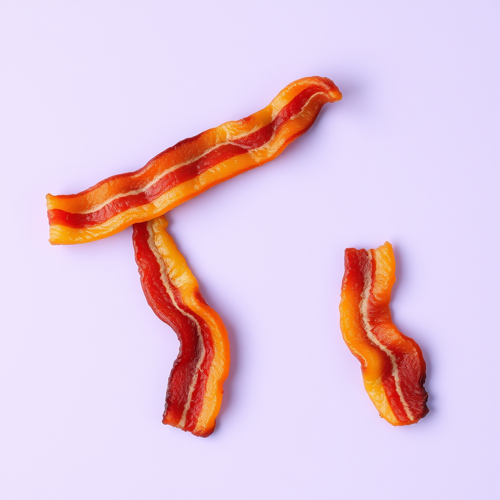 A letter "F" made of fried bacon on a light purple background, realistic photograph. - Image