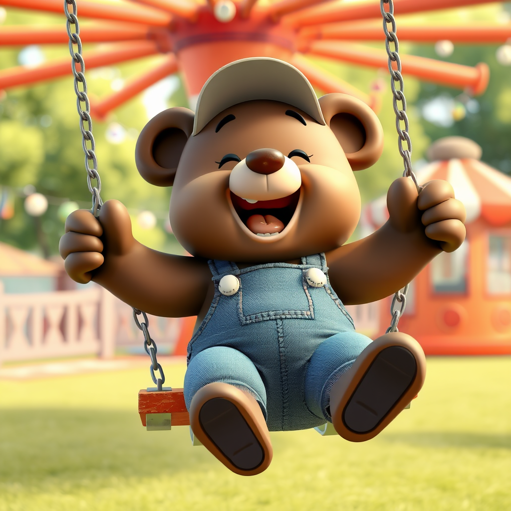 Cute cartoon bear, dressed in denim overalls and a baseball cap, swinging on a swing in an amusement park. The picture conveys joy and fun. 3D cartoon style. - Image