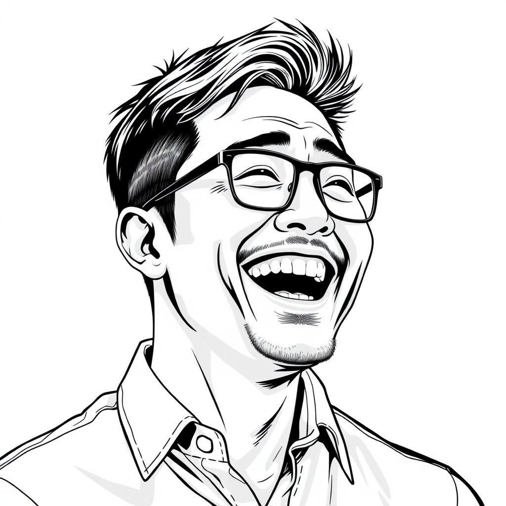 A cool black-and-white line drawing of a man around 35 years old, with short hair, Asian, wearing black-rimmed glasses for nearsightedness, a little beard, a shirt, a full face with defined lines, a strong physique, clean and fresh skin, laughing out loud happily after winning.