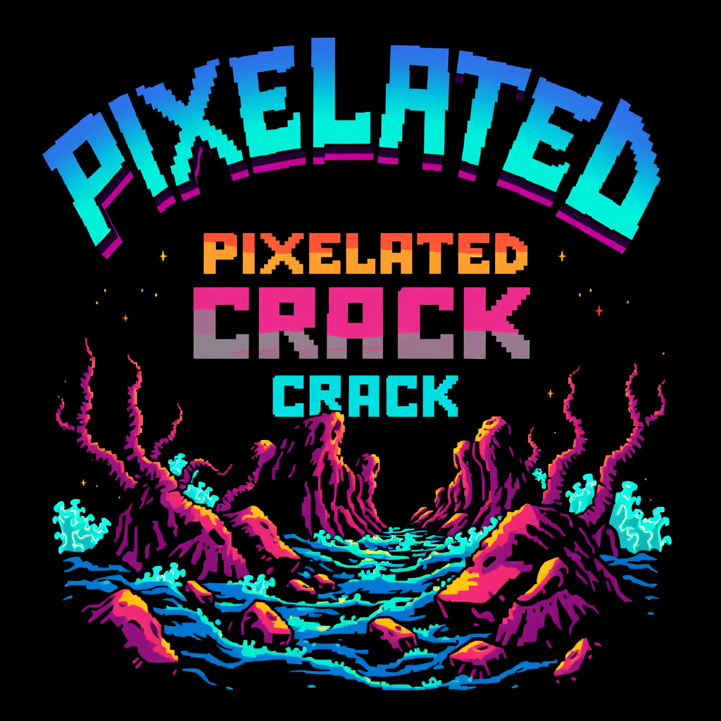 T-shirt design featuring a blocky, colorful 8-bit style of death metal blended with chiptune. The visual should be unique and striking, yet macabre blended with beauty. The band name is "Pixelated Crack," with a scene inspired by the deep sea.