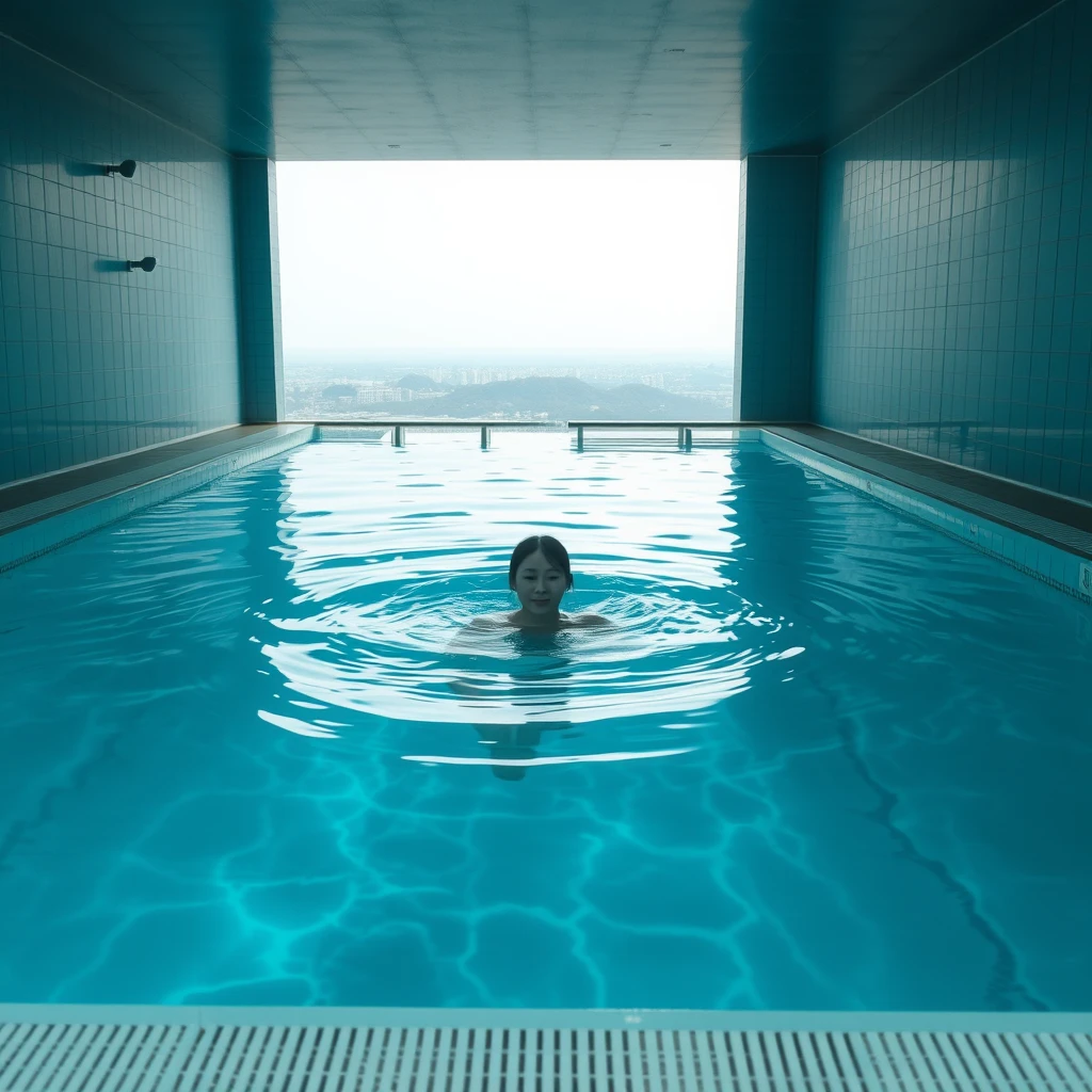 A strange swimming pool, with a young woman swimming in the pool, a distant view, with Chinese characters or Japanese.