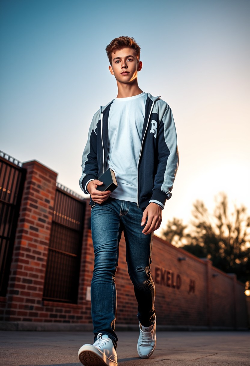 Freddie Prinze head and body shot, handsome, young, serious face, white T-shirt, college jacket, skinny jeans, sneakers, holding a book, walking stylishly, hyper-realistic, street photography, brick wall, full body photo, sunrise.