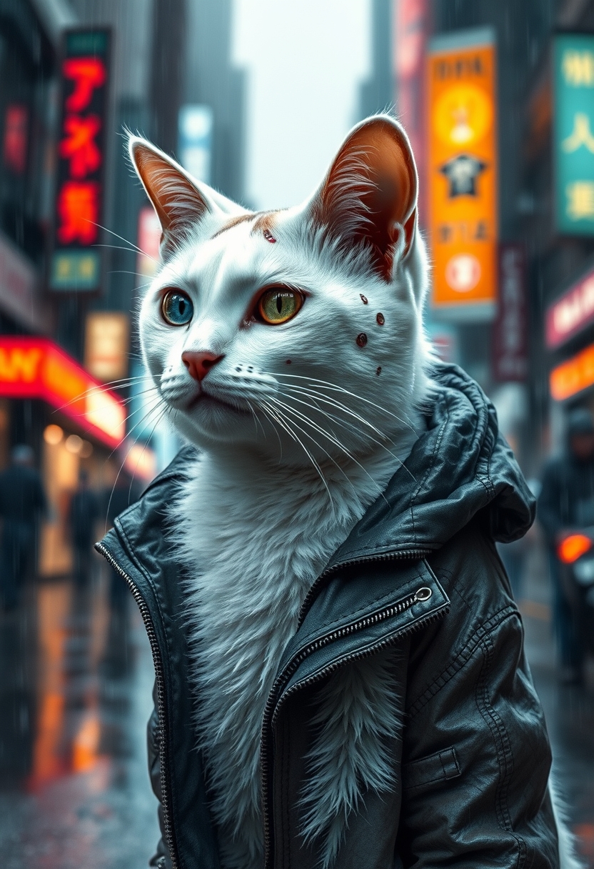 An adult white cat stands in a cyberpunk city, in the rain. He's wearing a cyberpunk style jacket. The cat has an augmentation on his right eye and a lot of scars. Cyberpunk implants are visible on the cat. A masterpiece, maximum detail, cinematography. - Image