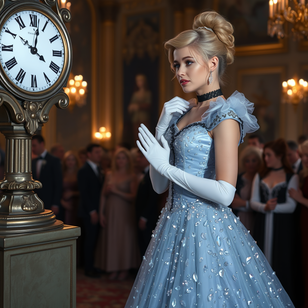 Blonde Cinderella is afraid, looking at a midnight clock. She is wearing a pearl pale blue magical gown covered in billions of shiny crystals, with black velvet lace around her neck, white long gloves, glass shoes, and her hair pulled up. It's night time. She is entering a palace ballroom full of people. The image has a depth of field, gray eyes, set in the 1700s. She has perfect hands, a perfect face, and perfect eyes. The photograph is realistic, in 8K quality, and set in England.