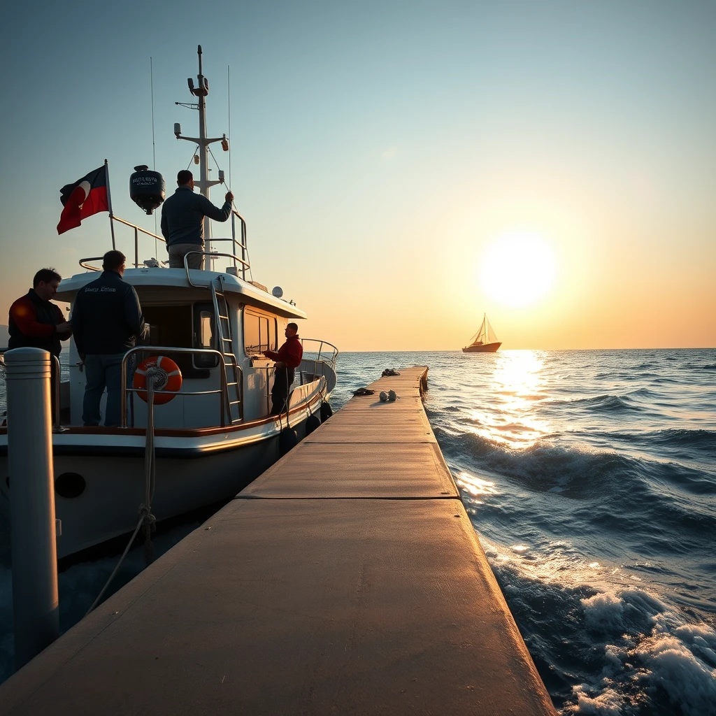 The morning sun bathes the dock in its gentle light, where a small boat quietly rests at its berth. The crew members are busily preparing for the voyage, their movements precise and powerful, each action a testament to their respect for the sea and their skilled craftsmanship. The captain, standing strong at the prow, fixes his determined gaze upon the horizon. As the engine roars to life, the boat slowly departs the dock, setting its course for the distant Cheung Chau Island. The sea breeze is fierce, filling the sails and propelling the vessel forward with steady resolve through the waves. This may be a simple journey, but it is filled with the spirit of exploring the unknown and a profound respect for the natural world. Cheung Chau Island, morning sunlight, pristine dock, ocean, high-definition, Sony photography, realistic style.