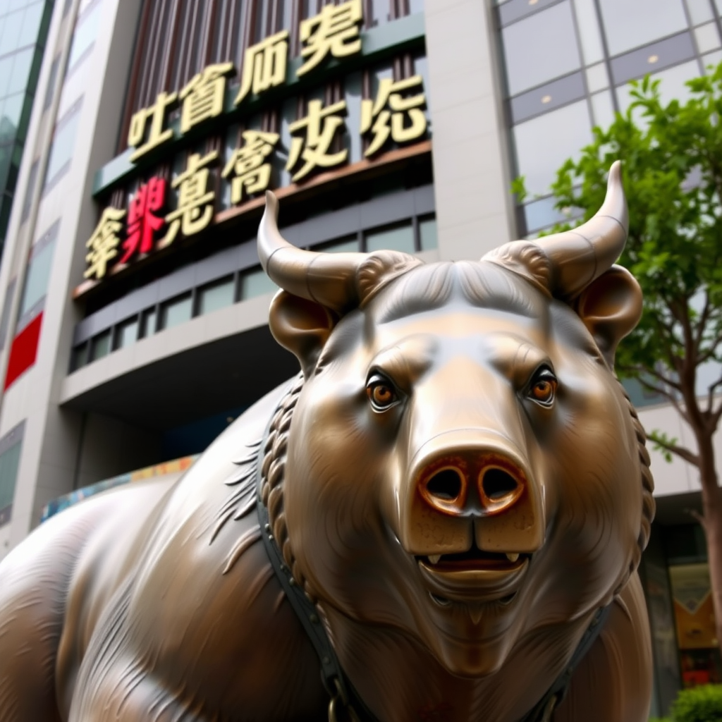 Outside the Shanghai Stock Exchange, there is a bear statue with horns. The image contains no text. - Image