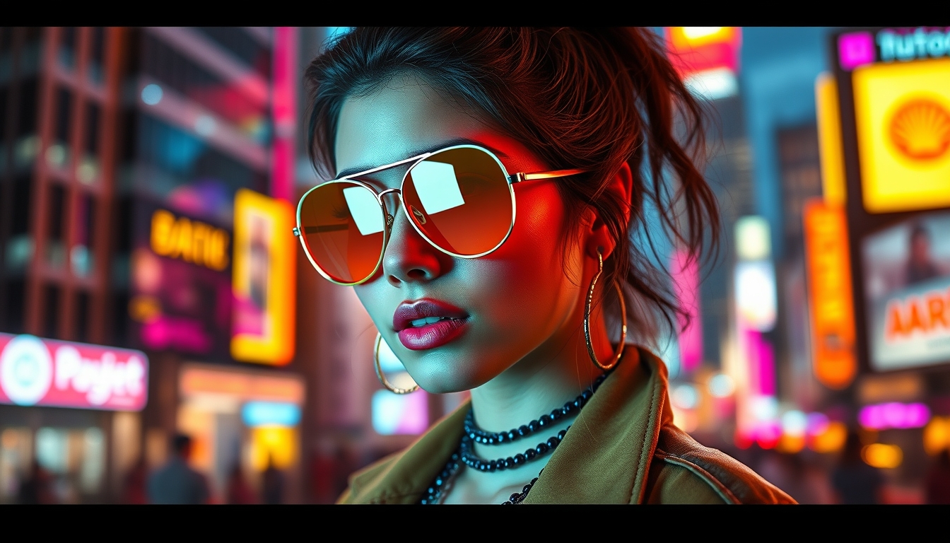 A stylized portrait of a young woman in 80s-inspired fashion, neon lights reflecting off her sunglasses, with a vibrant cityscape in the background. - Image