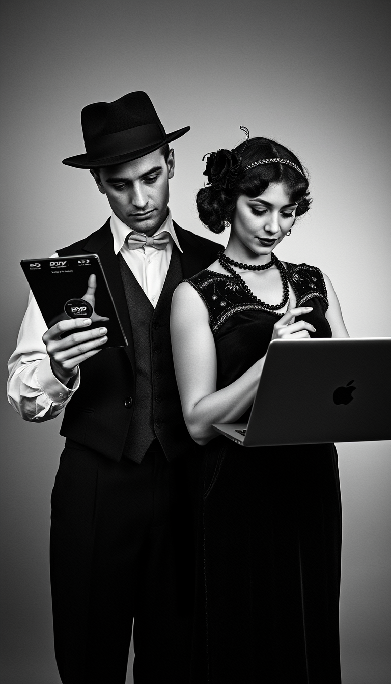 Hyper Realistic silent film, black-and-white film showcases a couple from the 1920s, engaging in theatrical poses characteristic of that period. They are dressed in vintage 1920s attire and makeup. Both individuals are fascinated by 21st century media devices; the man is holding a realistic DVD and hyper realistic Blu-Ray. The woman is entranced by the display on her MacBook Pro.