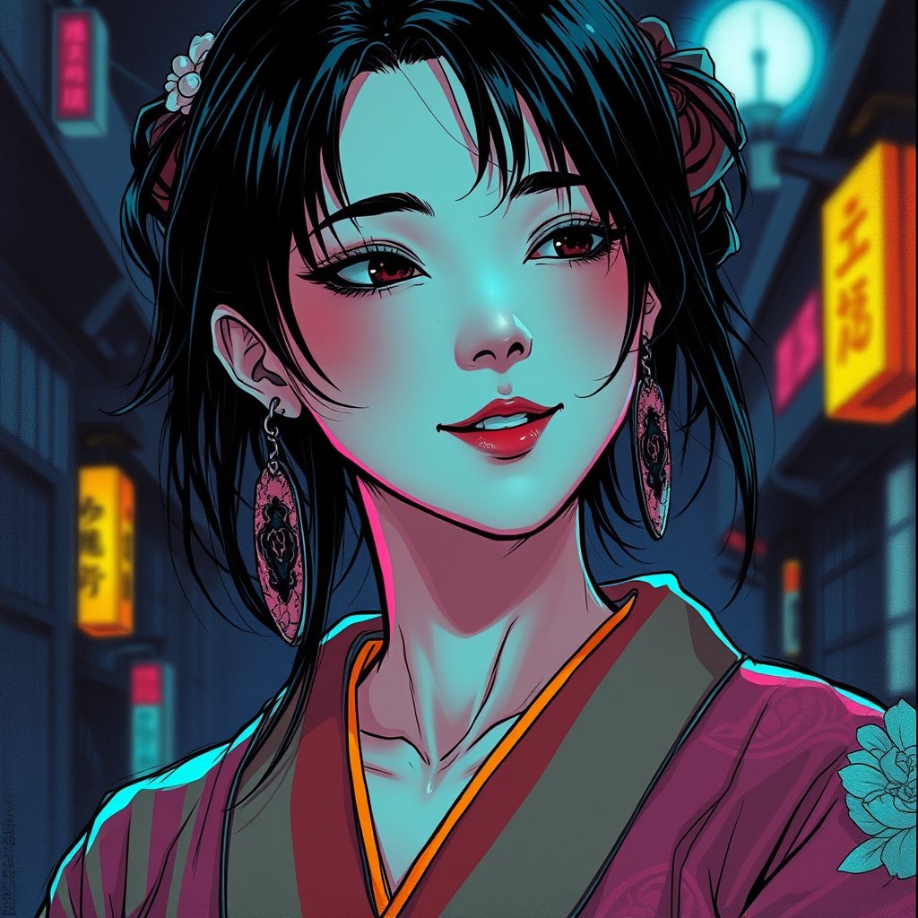 Tender smile on a woman in a kimono. Dark fantasy style, 90s drawing, Katsuhiro Otomo style. Noir vibe neon color details, cyberpunk.