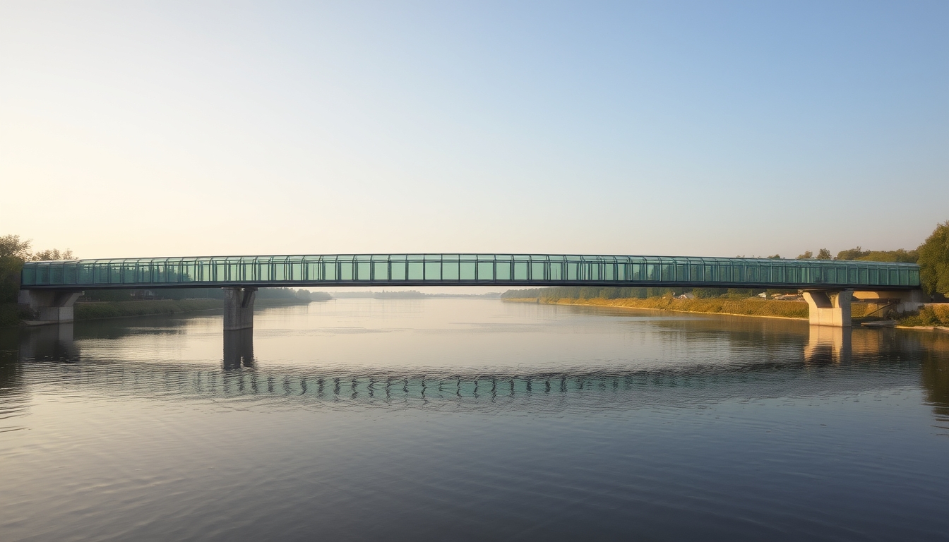 A serene river scene with a glass-bottomed bridge crossing over it.