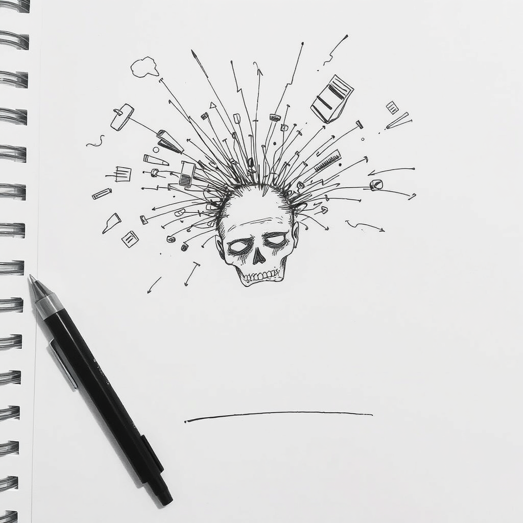 Sketch of the manifestation of anxiety in school, pen sketch, chaotic, minimalist. - Image