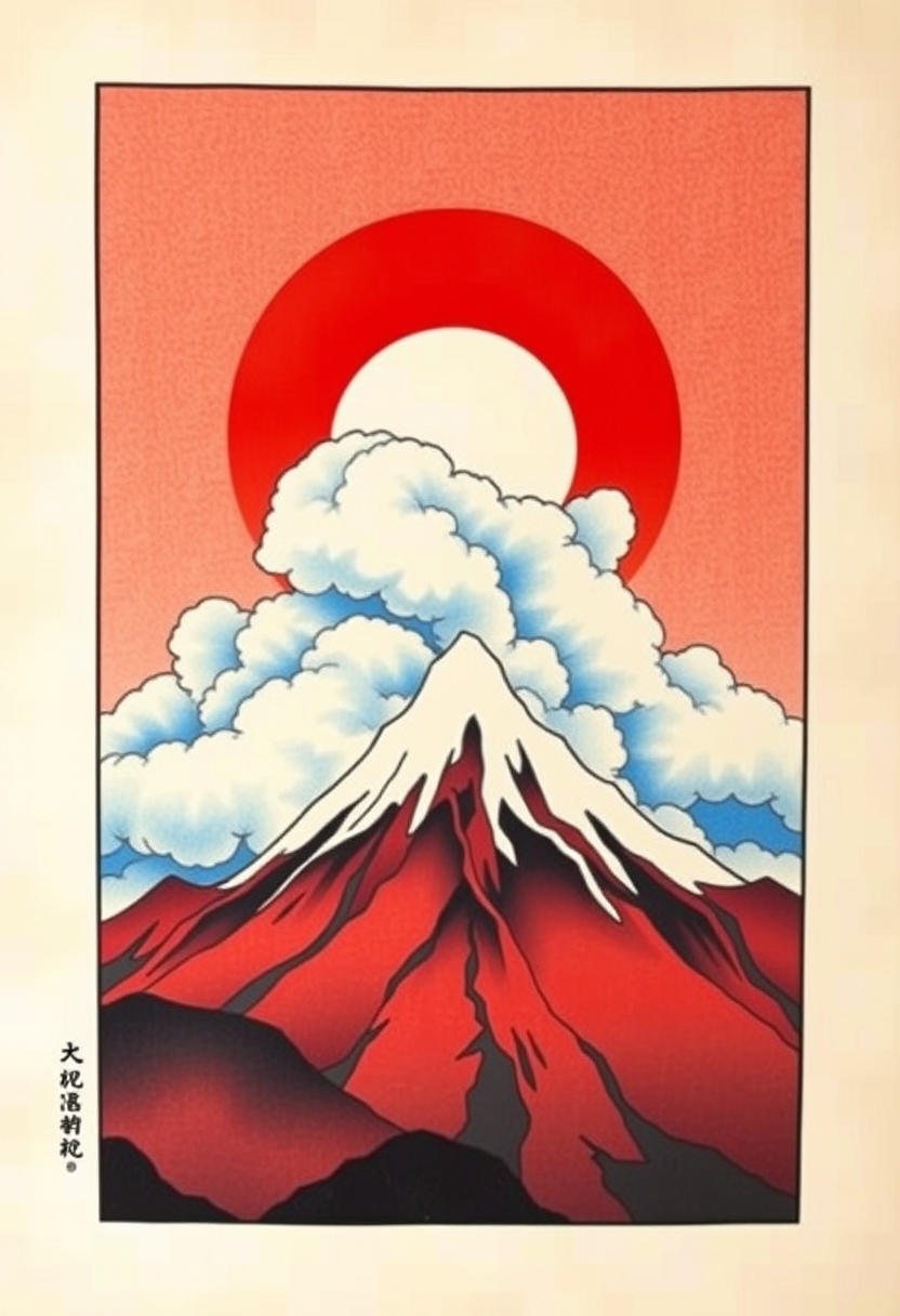 Japanese style painting, red sky, blue sun, tall mountain, beautiful cloud, detailed. - Image