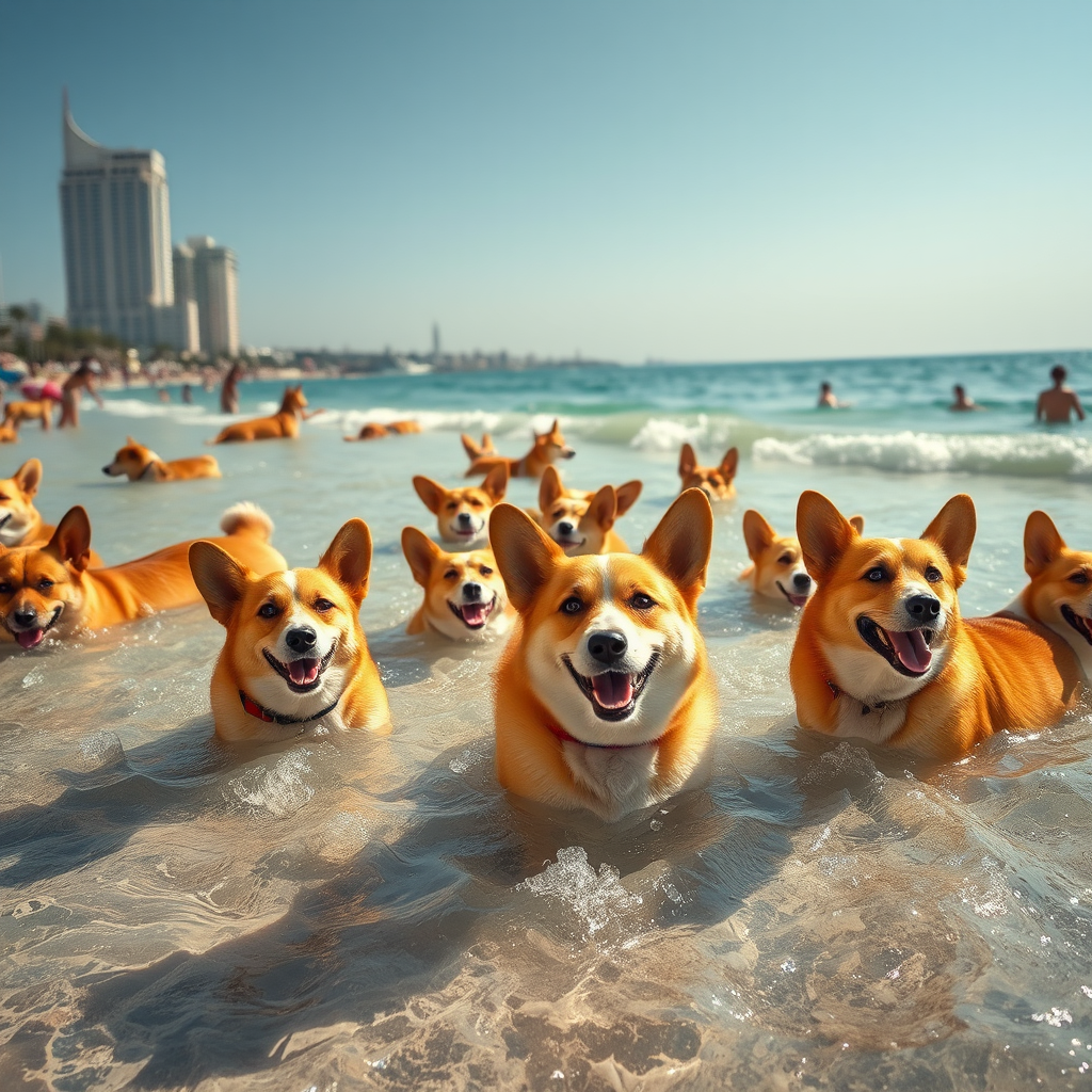 Tel Aviv beach, water full of corgis, super realistic. - Image