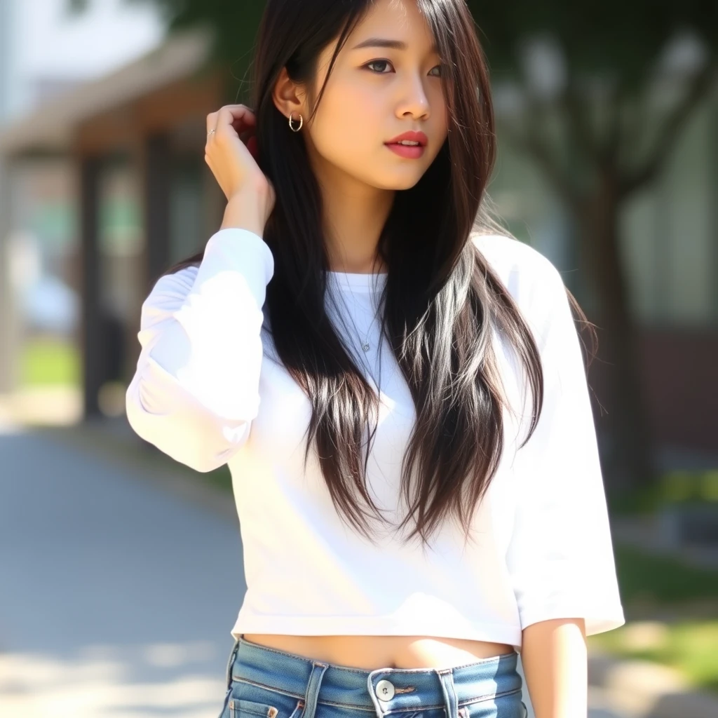 A beautiful Asian lady, long black hair, short jeans, white top, photorealistic, natural sunlight in the afternoon. - Image