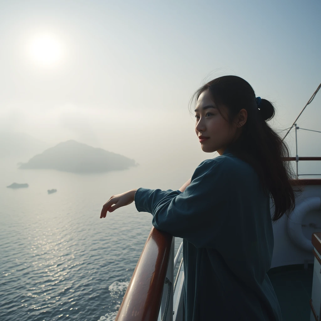 Woman leaning against ship's rail, piercing gaze through morning mist, Cheung Chau Island as delicate ink wash painting, sunlight dispelling fog, revealing island greenery and shore rocks, ship approaching tranquil haven, serene and artistic, photorealistic style.