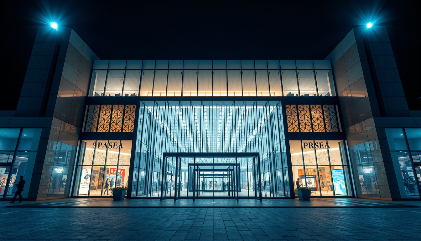 night, close-up of modern luxury shopping mall gate, (Minimalism: 1.4) design, cold colours, masterpiece, best quality, realistic style, 3D rendering, architectural photography, masterpiece, high quality, ultra high detail, 8K, HD - Image