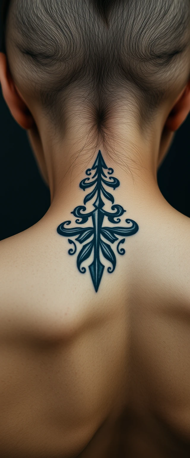 Close-up view of the tattooed back neck of a muscular Indian-Korean woman with white skin.