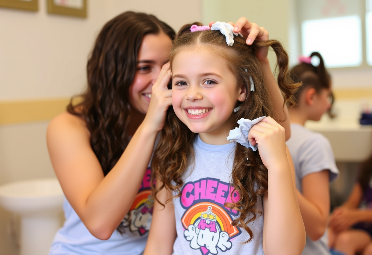 A bratty girl at cheer camp playfully helps her best friend shampoo her hair.