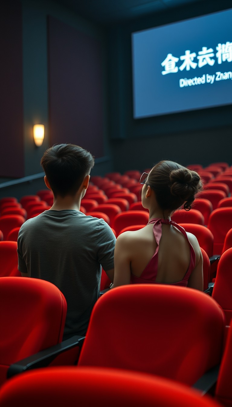 In a dimly lit theater, a young Chinese man and woman sit in seats watching a movie, the boy in a gray short-sleeved T-shirt, the girl with white skin, wearing a pink halter dress and a hairpiece, the seats in the theater are all red, and on the big screen in the theater, it clearly reads, "Directed by Zhang Fengwei," back view, Extremely realistic.