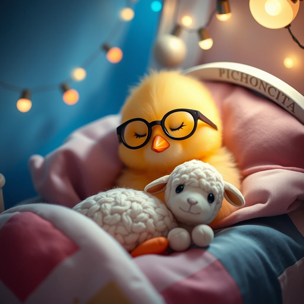 It's nighttime. A sweet, delicate, cute Kawaii little chick with a small round beak is wearing glasses, resting its head on the pillow, deeply asleep in its precious little bed with tiny bells, flying, soft colored lights, and childlike details that read the name PICHONCITA, with patchwork blankets embracing a tiny, charming stuffed sheep. Photography.