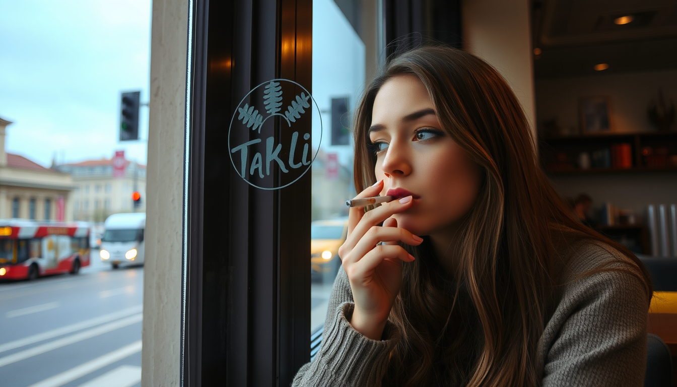 Girl smoking a cigarette in a coffee shop overlooking a busy street. - Image