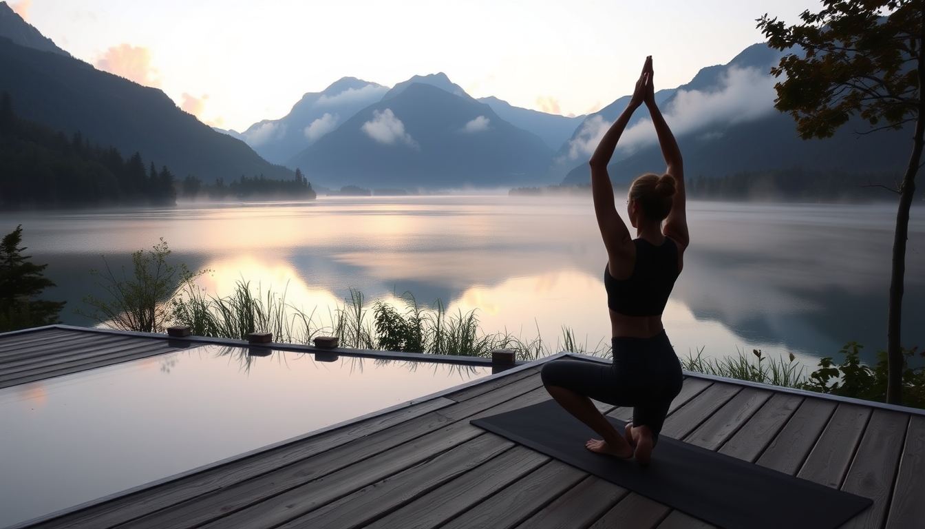 A serene landscape featuring a yoga practitioner on a wooden deck overlooking a tranquil lake, surrounded by misty mountains at sunrise.