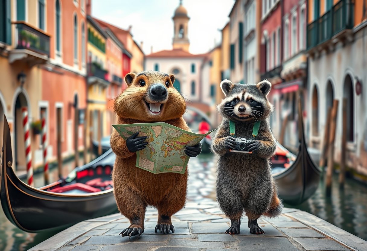 Create a charming scene of a beaver and a raccoon casually strolling through the picturesque streets of Venice. The beaver should hold a map, eagerly pointing out landmarks, and the raccoon should carry a small camera, filming their adventures. The duo should look cheerful and curious, enjoying their whimsical journey together. Surround them with iconic Venetian elements such as gondolas, ancient bridges, and charming canals. The vibrant colors of the historic buildings should complement the vibrant atmosphere. This photo should evoke a sense of wonder, camaraderie, and playful exploration in one of the most beautiful cities in the world. Photorealism 4k. - Image