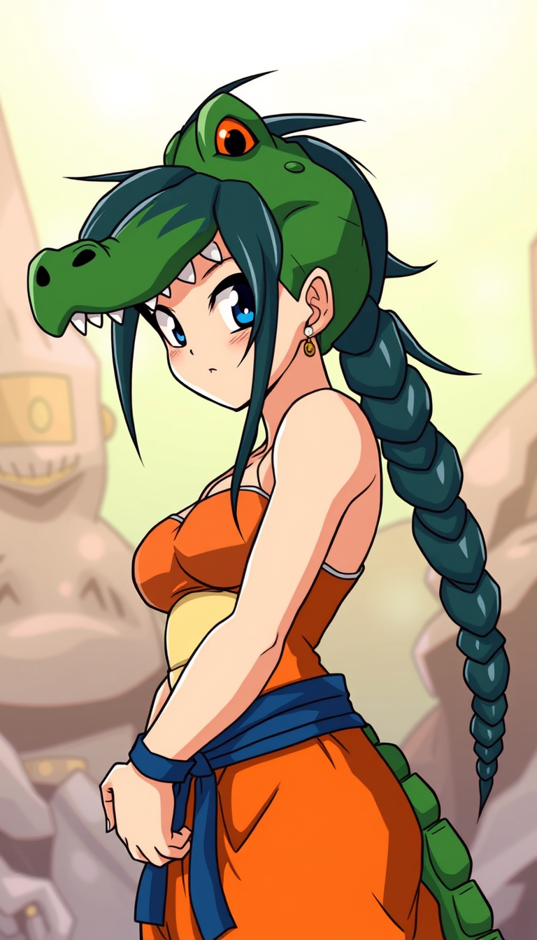 Crocodile Girl, Saiyan, from Dragon Ball anime, anime art style.