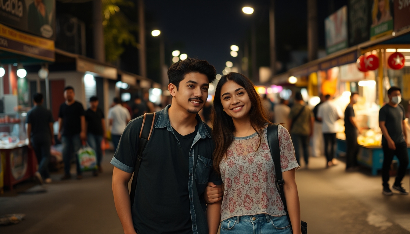 A young couple is wandering around the night market in Cianjur, they are very handsome and beautiful. - Image