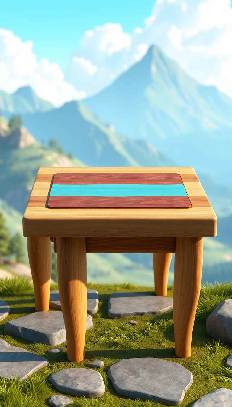 The image presents a 3D rendering of a table. The game table, made of wood, is the central focus of the image. It is a square table with legs, a wooden top which has a multicolor border and the middle part is aqua blue. The background is a beautiful valley, and the overall mood is playful, suitable for digital game art. - Image