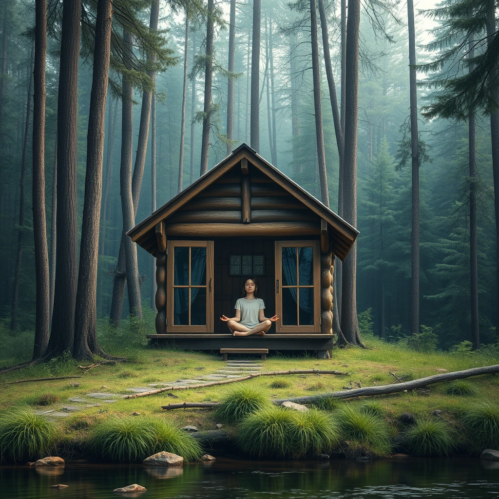 A forest, a wooden cabin, a girl meditating inside the cabin, and in front of it, there is a river.