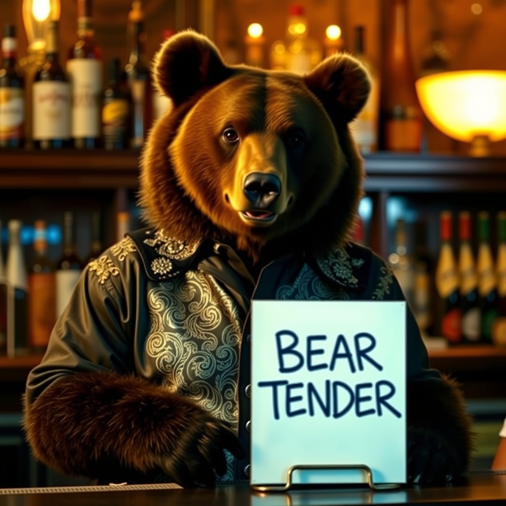 A movie still features a bear in a fancy shirt bartending, with a sign reading "BEARTENDER" standing on the bar. - Image