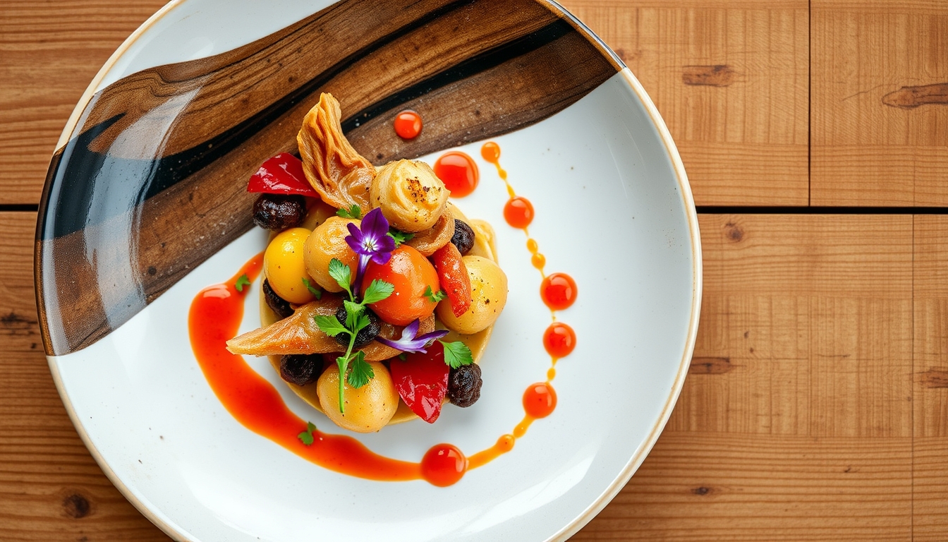 A top-down view of a beautifully arranged gourmet dish, with vibrant colors and textures, placed on a rustic wooden table, highlighting the artistry of food. - Image