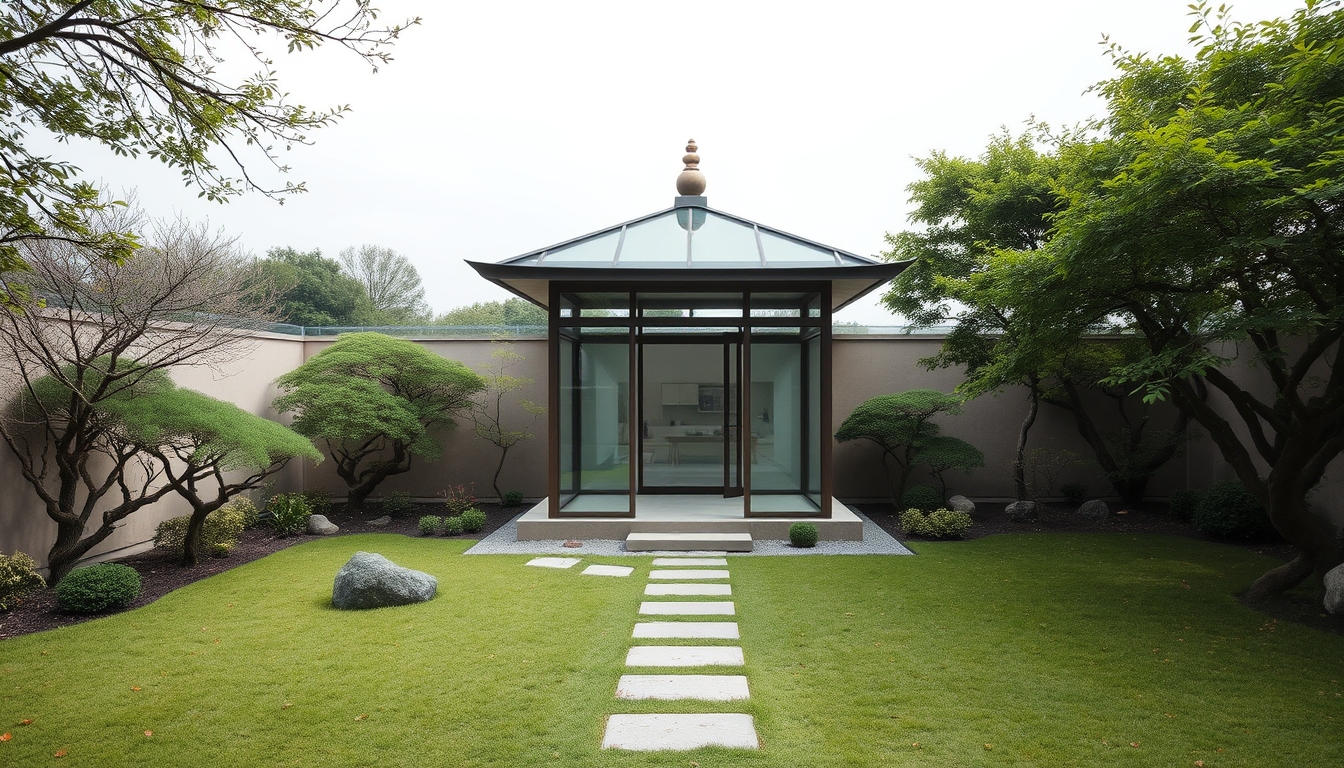 A tranquil zen garden with a glass meditation pavilion at its center.