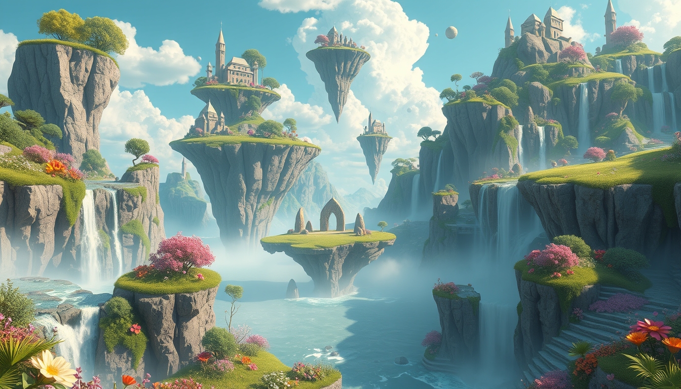 A surreal digital landscape with floating islands, cascading waterfalls, and vibrant flora, creating a dreamlike scene.